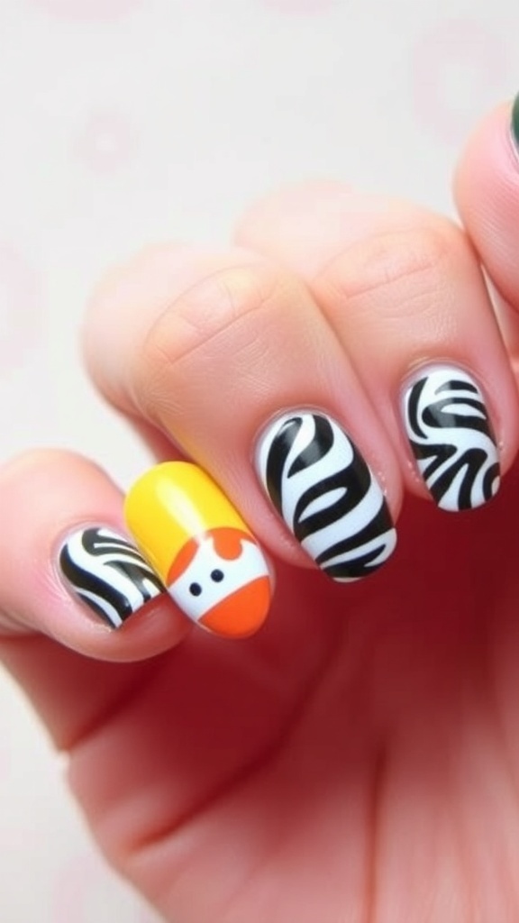 Nail art design with a yellow duck and zebra stripes on a pastel background.